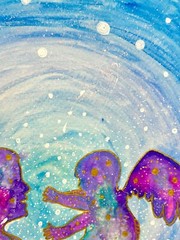 Watercolor Silhouette Original Memorial Art Angels Sky Clouds Star Paint