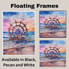 Watercolor Painting of Nautical Ship Wheel on Ocean Shore with Colorful Sunset