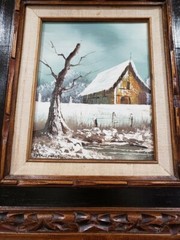 Everet Woodson Vintage Signed Oil Painting Barn Winter Landscape Scene 