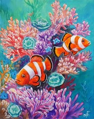 Colorful Clownfish Coral Reef Wall Art Ocean Canvas Painting Ukrainian Artist