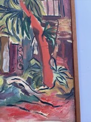LARGE PAINTING MID CENTURY LANDSCAPE COASTAL TROPICAL PALMS MODERNIST MYSTERY