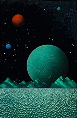 Dave Archer Original Reverse Glass Painting Space Art Cosmic Mountain Range