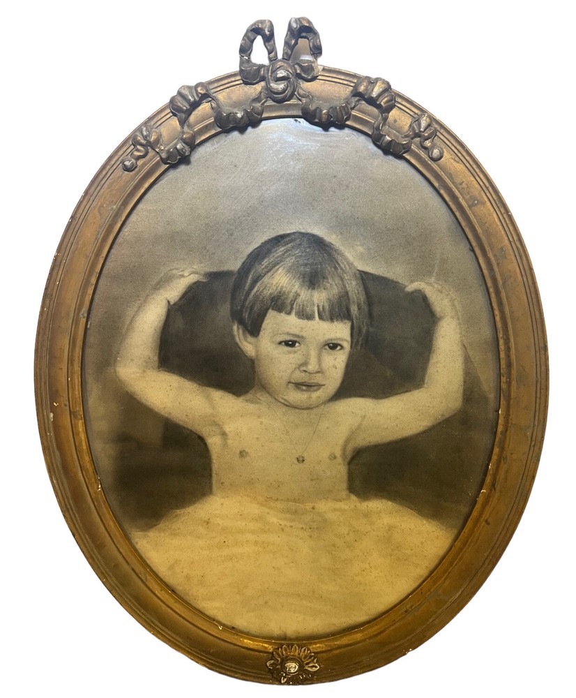 Antique 1800s Oval Gesso Wood Bow Design Frame Chalk Portrait Baby 24 X 19”