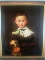 Antique 19th C Portrait Painting of a Boy and his Dog, c 1830