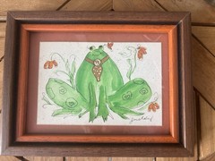 OOAK Vintage Frog Watercolor Painting Hearts Flowers Signed Framed Matted 9×7”