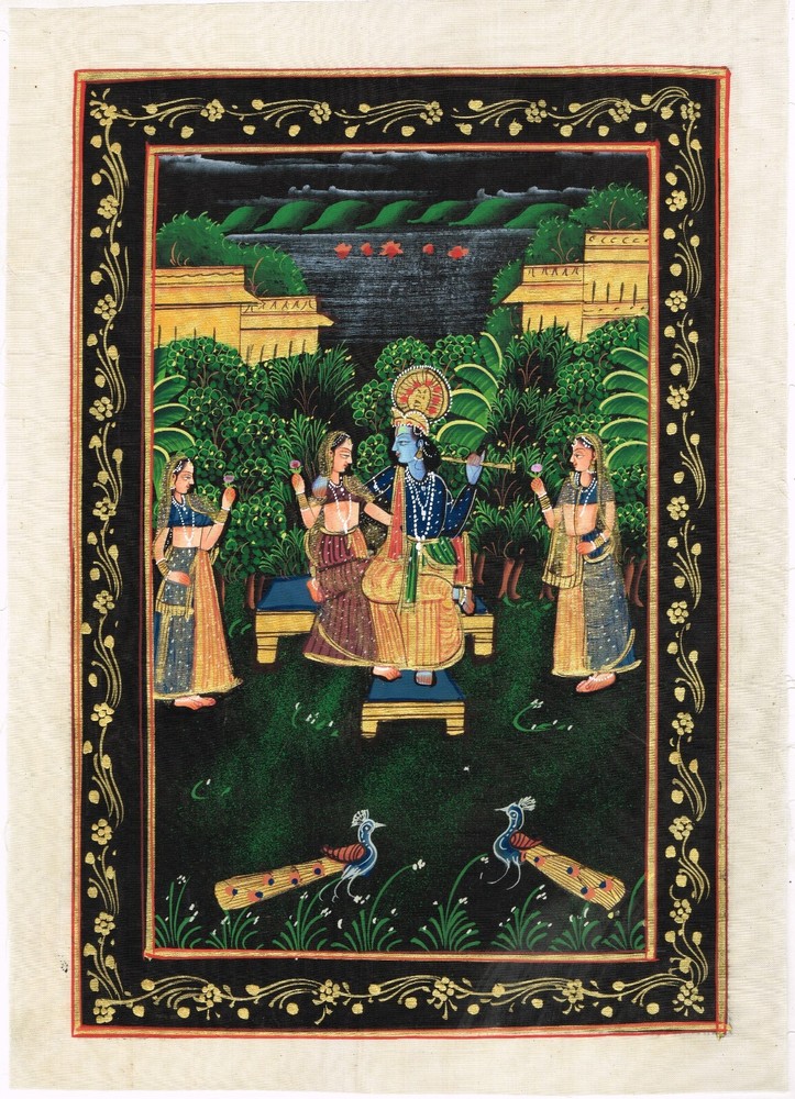 Religious Painting Of Radha Krishna Love Scene Art On Silk Cloth 10×14 Inches