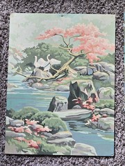 2 Vintage 1956 Swan in River Waterall Paint by Number Paintings 12″ x 16″
