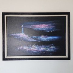 Morgan Vintage Original Oil Painting Lighthouse Moonlit Seascape Framed 41×29