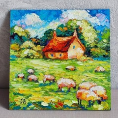 original oil painting Irish Cottage Sheep Landscape Impasto wall art 8*8 inch