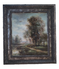 Vintage Painting Wood Frame Trees On A River Band 29″x33″ Read Description
