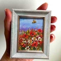 Original Oil Painting Poppy Field Wildflowers Impasto Mini Art 3×2.5in Signed OS