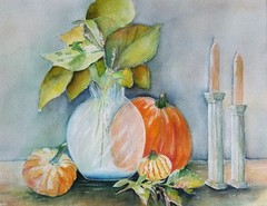 Painter Suzanne Obrand, Holocaust Survivor, Watercolor „Candles and Pumpkins“