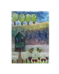 ACEO Original Painting By Kenna house Snow Scene 2.5” X 3.5” Signed ATC