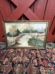 Antique Early American Oil, Painting, Us Navy Boy In Uniform Landscape Original