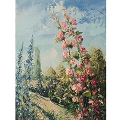 Original Hollyhocks Oil Painting Floral Impasto Garden Art Landscape 7*9 inch