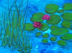 Original oil painting with Pink water lily, Landscape water painting