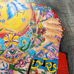 Tattooed nude bald woman chair painting human figure etched art colorful gallery