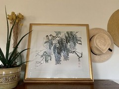 Gorgeous Asian Chinese Japanese Painting 2 Birds MCM Signed Gold Fran 22inx24in