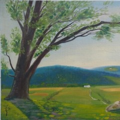 Rural Summer Landscape Oil Painting Impressionism Tree Mountains Farmhouse 9×12