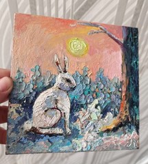 Original Oil Painting White Rabbit on Panel 6×6 Impasto Art Forest Sunset Scene