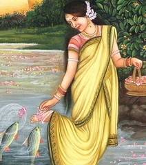 Nature Art Painting Of Indian Woman In River With Fish On Paper 10.5×13.5 Inches