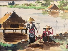 Vintage Vietnamese Silk Painting Original Hand Painted Watercolor River Village