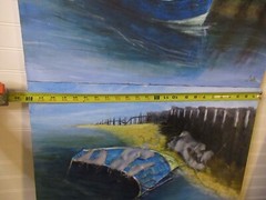 OOAK Lot of 3 original paintings collage boats 24×18 signed canvas Gallery Wall