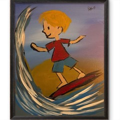 Boy Surfing Whimsical Coastal Painting Original Art 14×11 Canvas Signed Blue Red