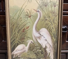 Antique 39×15” Water Lilies Cranes Oil Painting Birds Floral Landscape Lake SGND
