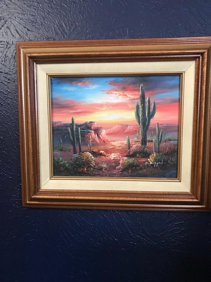 B Duggan SW Desert Sunset Original Oil on Canvas 10″L x 8″H Framed 15″W x 13″H