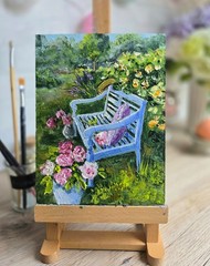 Garden Bench with Hat Oil Painting 21×26 cm Flowers Landscape Painting with Frame