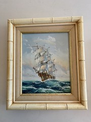 Seascape Framed Painting Canvas Sailing Ship Ocean Wood Bamboo Signed 14×12”