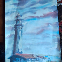 Early ( 1976) M. Arata Watercolor Lighthouse Seascape on Paper, Unframed