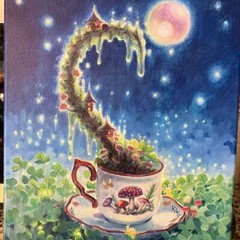 Original Teacup Painting Mushroom Surrealism Canvas Nature Art Moon Artettina