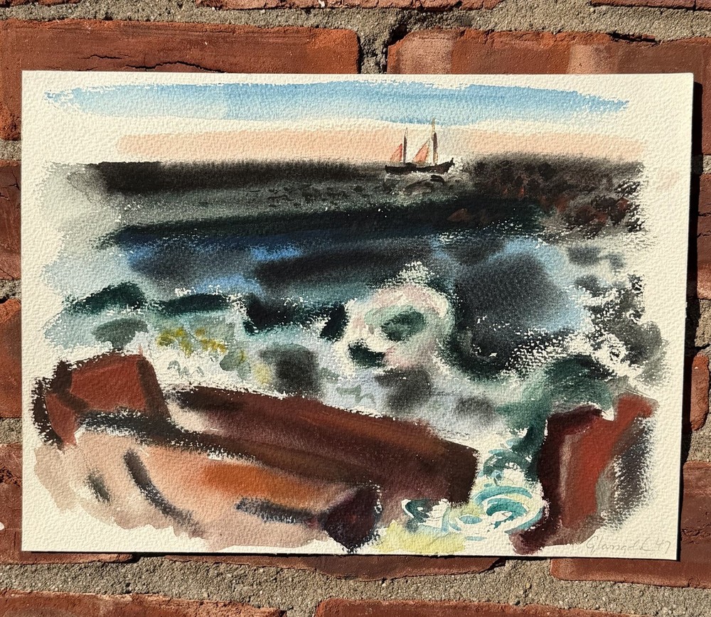 Michigan Artist Harry Glassgold Signed Watercolor. Sailing On Great Lakes. 1947
