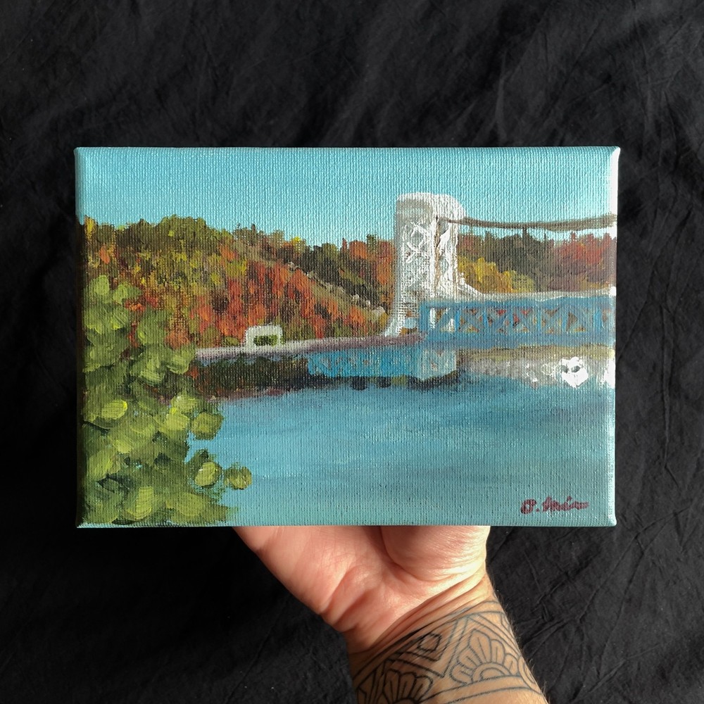 Original 5″ x 7″ Acrylic Painting on Canvas Houghton Lift Bridge by O. Fair