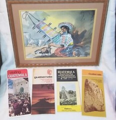 Signed Guatemalan Folk Art Watercolor Painting Girl Weaving Plus Tourism Maps