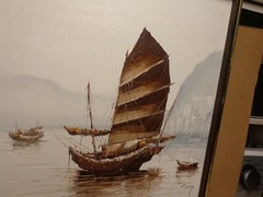 P.WANG SIGNED ORIGINAL HARBOR FISHING JUNK BOAT OIL PAINTING 1975 21-1/2X25 1/2