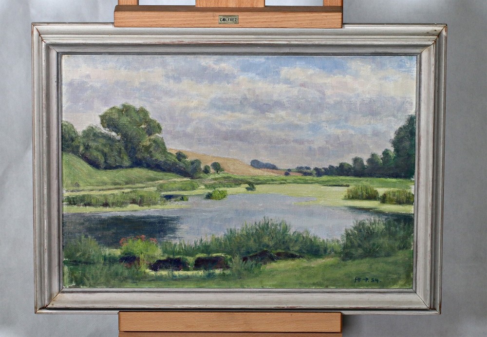 Signed Oil Painting Landscape River Scene on Board with Frame