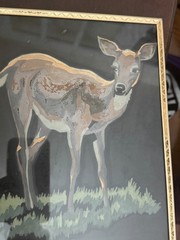 Vintage Mid-Century Modern Hand-Painted Silk Deer Painting 1950s MCM Gold Frame