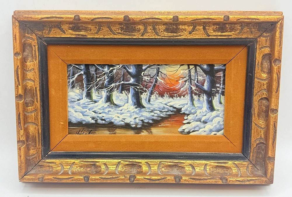Vtg Winter Landscape Oil Painting Signed HILL Framed Snow Forest Sunset 12″ x 8″