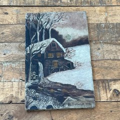 Antique Small Oil Painting Cabin Winter in Canvas by Paul Dickinson 1928