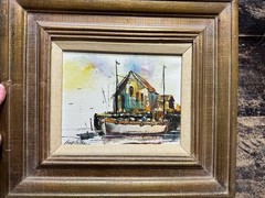 Vintage Original Painting On Canvas By Marchello Ship Shipyard Watercolor Look