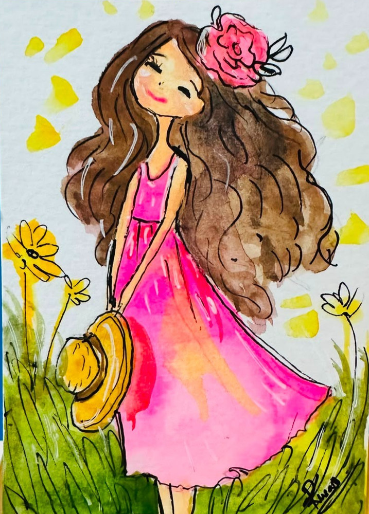 Original ACEO Girl Pink Dress Watercolor Painting Floral Cute Whimsical Mini Art