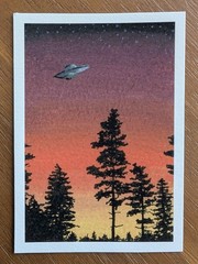 ACEO PRINT of Original Painting Landscape UFO Alien Sunset Nature Spooky Art