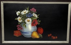 Vintage Original Folk Art Still Life Oil Painting on Wood Board Framed 19.5×12.5