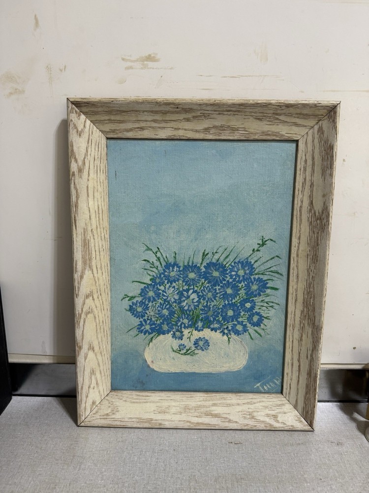 Vtg MCM Oil On Canvas Wood Frame Signed „Blue Bouquet“ 17″X13”