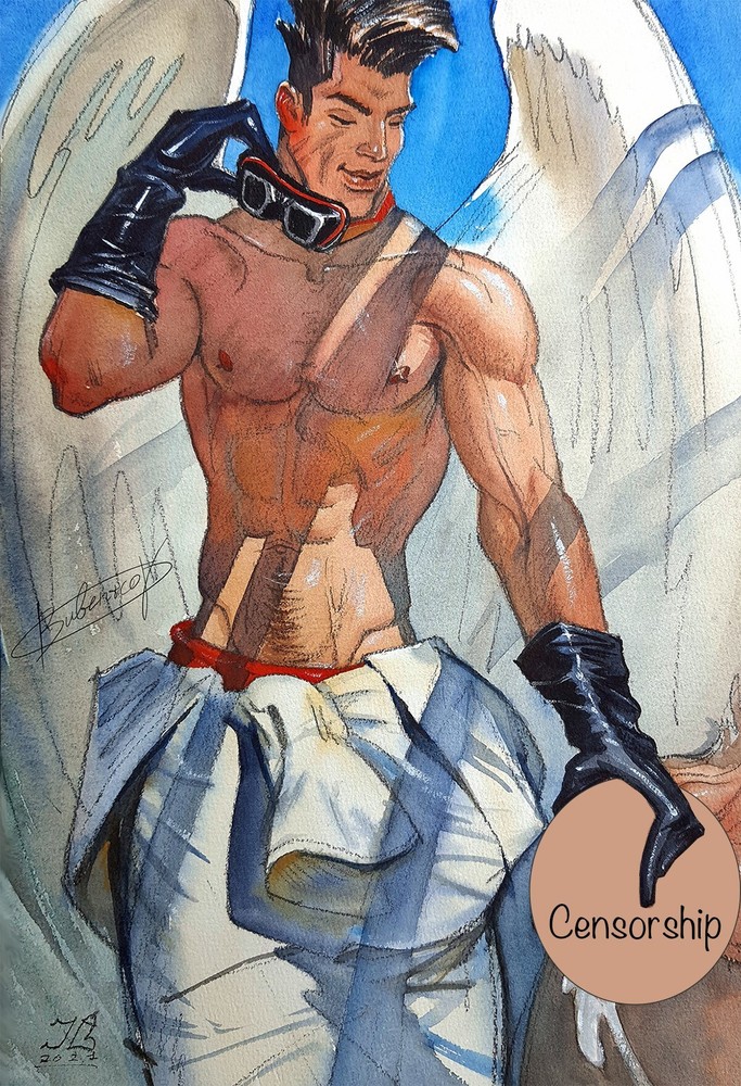 Art Gay Erotic Watercolor „Temptation of St A “ 15,3 * 10,5 in. I.Bubentcov