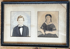 TWO Antique Folk Art Watercolor Portrait on Thick Card 19th Century Man & Woman