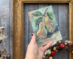 Original Art Fruit Impasto Oil Painting 5×7″ Golden Pears Painting